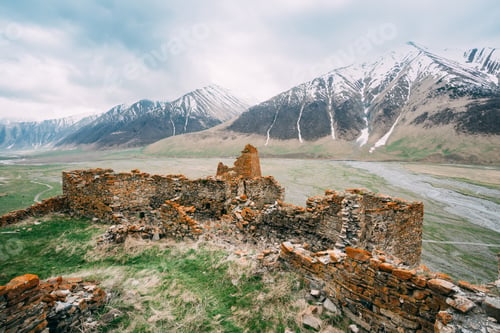 Preview: Fortress On Mountain Background Near Karatkau Village, Kazbegi District, Mtskheta-Mtianeti Region