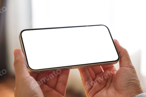 Preview: Mockup image of a woman holding mobile phone with blank desktop screen