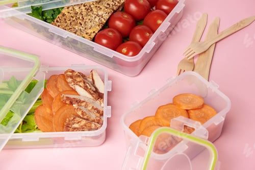 Preview: close up view of healthy food arranged in food containers and cutlery on pink backdrop