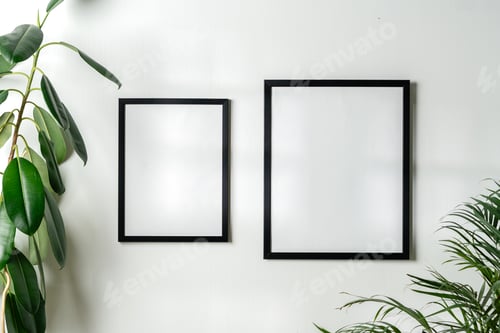 Preview: Black frames and houseplant against white wall copy space
