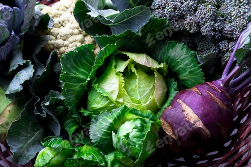 Preview: Various of Cabbage Broccoli Cauliflower. Assorted of Cabbages in Basket.