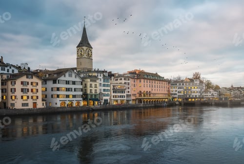 Preview: Zurich Skyline with St Peters Church and Limmat river - Zurich, Switzerland