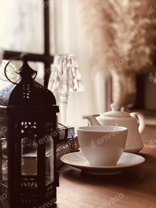 Preview: White cup hot coffee in room place in the morning, Beverage hot drink in autumn style warm tone
