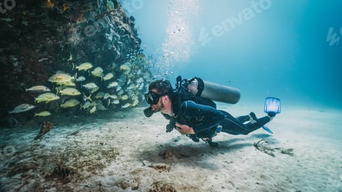 Preview: diver looking inside a cavern for big school of yellow fish