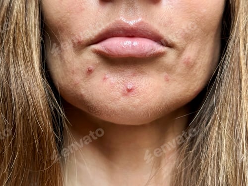 Preview: Close Up Of Chin On Female Face With Acne Covered By Foundation