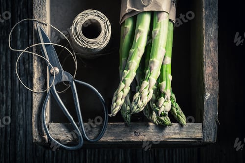Preview: Closeup of green asparagus and string in a wooden box