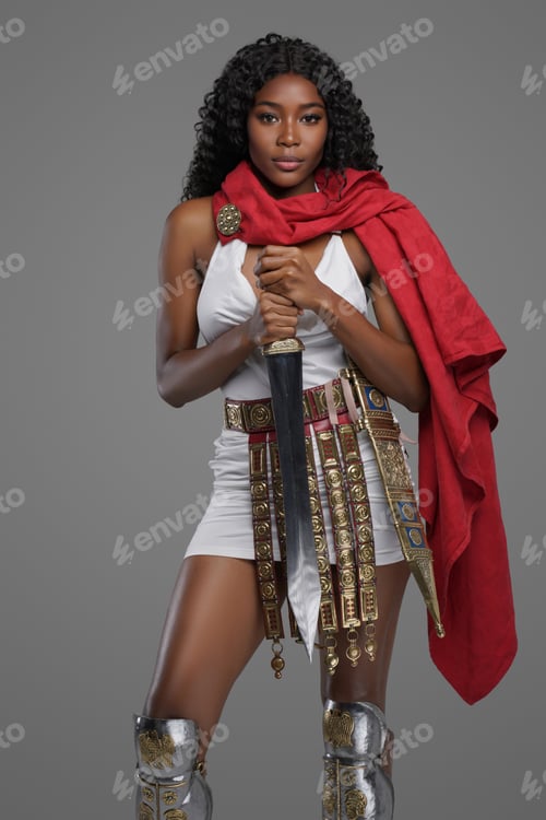 Preview: Afro-American model in Greek-style tunic with red cape and ornate belt