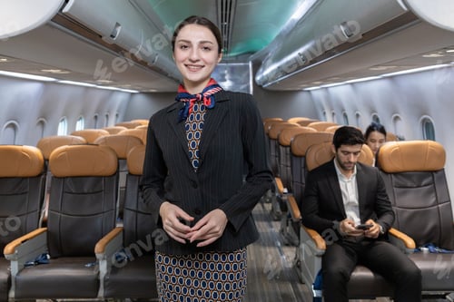 Preview: Confident flight attendant smiling on airplane