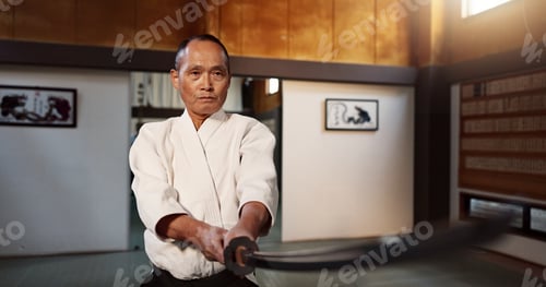 Preview: Aikido, katana and master fight with a sword in traditional Japanese class, gym or competition. Mar