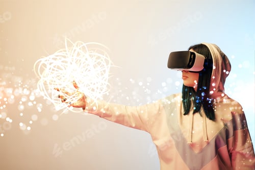 Preview: young woman in virtual reality headset pointing with hand at glowing cyber illustration on beige and