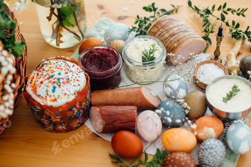 Preview: Easter modern eggs, cake, ham, beets, butter in rustic basket decorated with green buxus branches