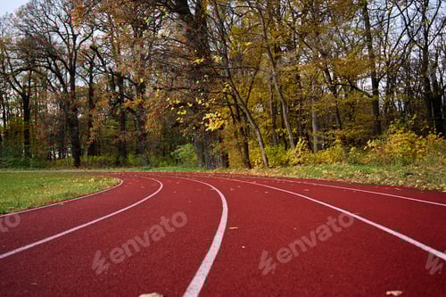 Preview: Red runninng race track with lanes at autumn park