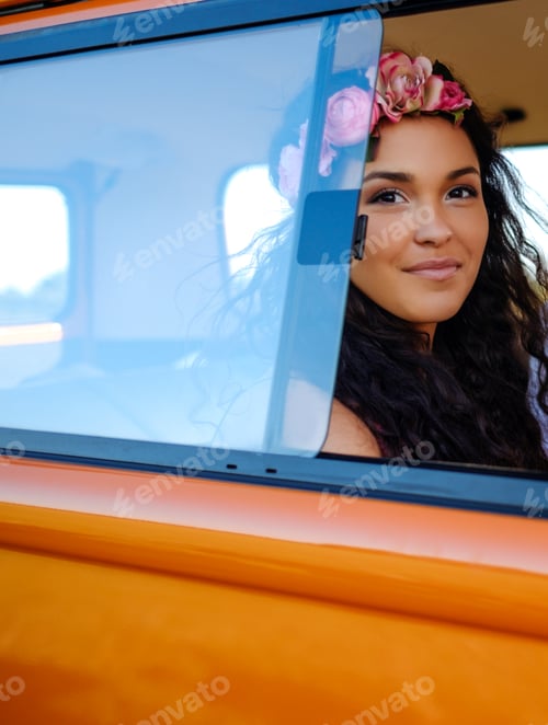 Preview: Beautiful hippie girl in a van