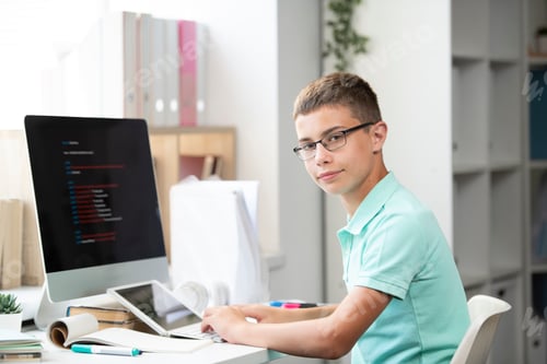Preview: Serious middle school student sitting by desk in front of computer monitor