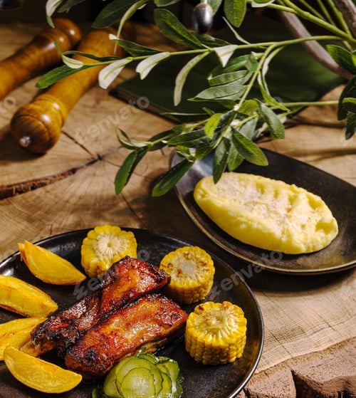 Preview: Grilled pork with corn and mashed potatoes on wooden table