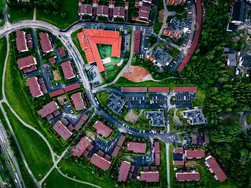 Preview: Aerial view of a small town or village in Europe. Finland countryside in summer.