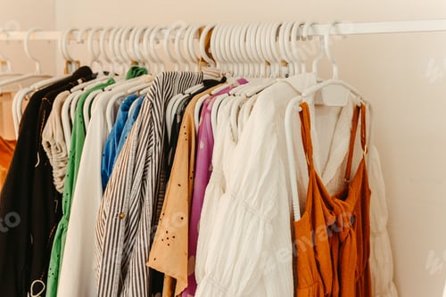 Preview: Metal clothes rack with multiple items of clothing hanging from it