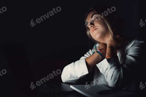 Preview: Overwhelmed young caucasian student touching neck, suffering from bad position
