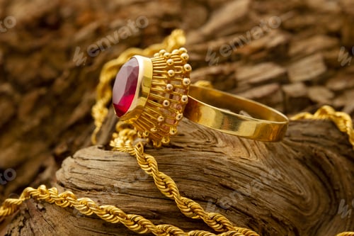 Preview: Gold ring with red stone. Necklace