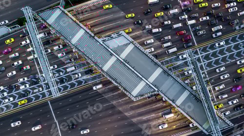 Preview: Aerial view cars waiting to pay at the expressway, Gate for expressway fee payment, Cars at gate.