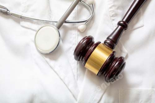 Preview: Health and Law. Medical malpractice, personal injury lawyer. Judge gavel and doctor stethoscope