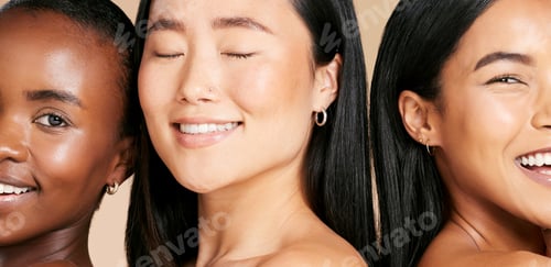 Preview: Skincare, beauty and diversity, cropped faces of women and smile on salon studio background. Health