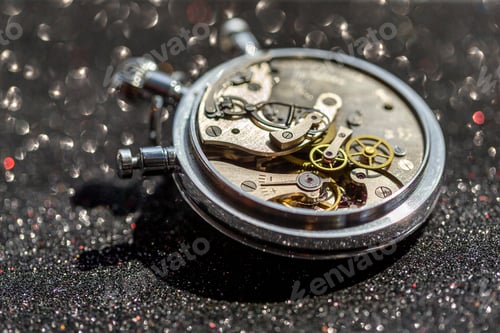 Preview: Stopwatch Mechanism on Sparkling Surface, Close Up View