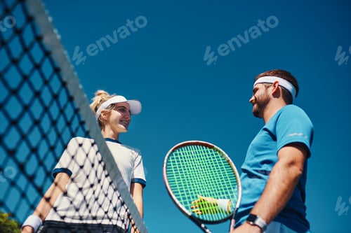 Preview: Low angle shot of two young tennis players having a chat together outdoors on the court