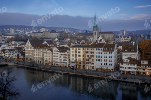 Preview: Aerial view of Zurich Skyline with Predigerkirche Church - Zurich, Switzerland
