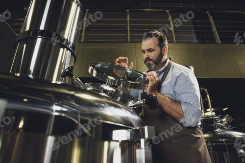 Preview: Male brewer in apron inspecting tank at the brewery