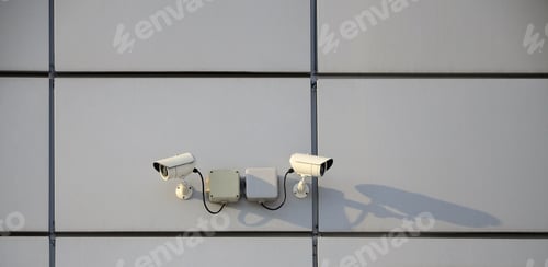Preview: White surveillance camera built into the metal wall of the office building
