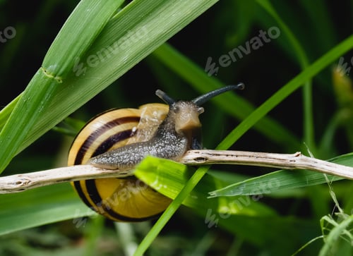 Preview: Snail Muller on the dry leaf in garden Spring.Mollusk snails shell crawling on wild grass in forest