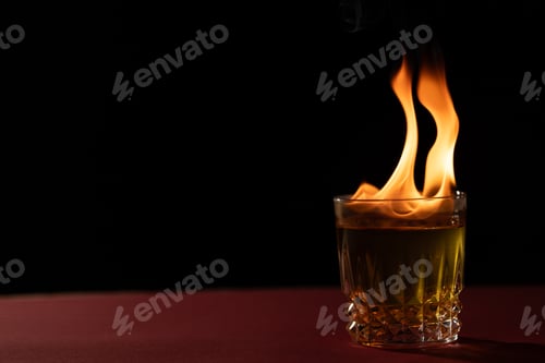 Preview: Lit candle in glass container with copy space on black background