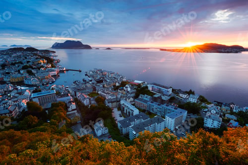 Preview: Colorful sunset in Alesund port town