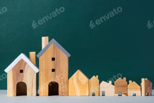 Preview: set of wooden house and tree decoration in village on grey floor and green background