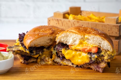 Preview: Homemade hamburger served with french fries.