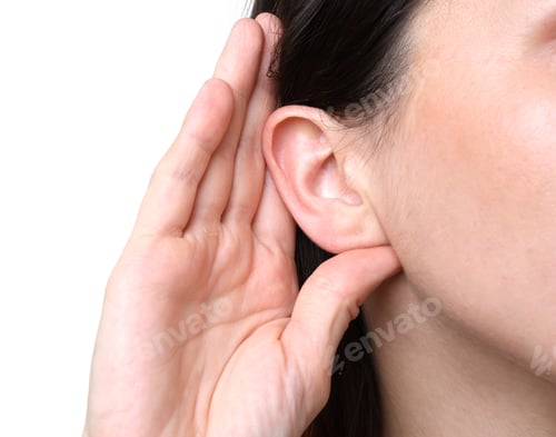 Preview: Woman showing hand to ear gesture on white background, closeup