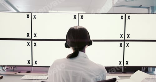 Preview: Back, headset woman on computer for space, finance trading or stock market prices in night. Headset