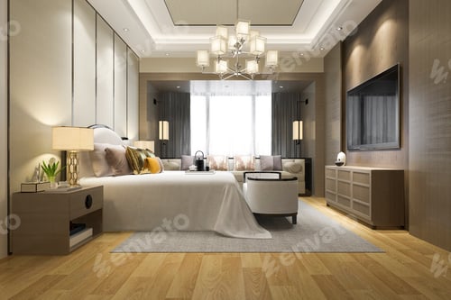 Preview: 3d rendering luxury modern bedroom suite in hotel