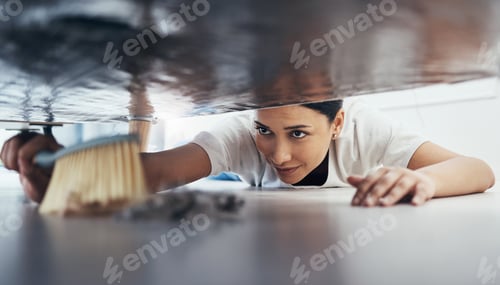 Preview: Woman, hand broom or sweeping dust in house, home or hotel bedroom in housekeeping cleaning, cleane