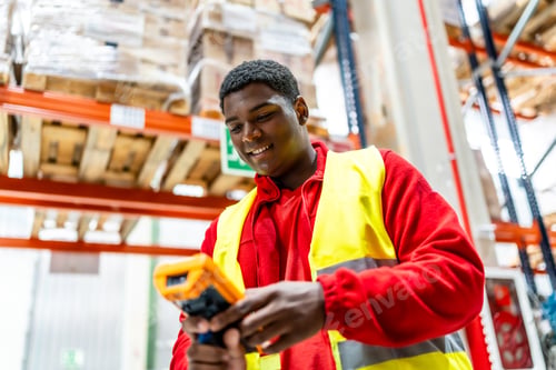 Preview: Latin man with bar code reader checking packages in warehouse