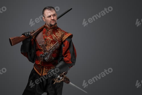 Preview: Musketeer gunslinger holding flintlock rifle on his shoulder