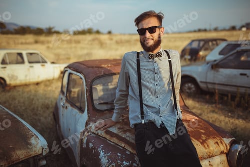 Preview: Young handsome stylish man, wearing shirt and bow-tie with old c