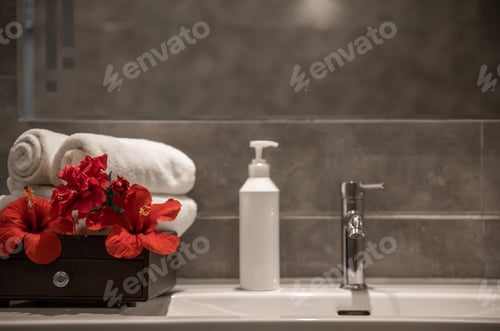 Preview: Spa composition with flowers, towels and a bottle of care products.