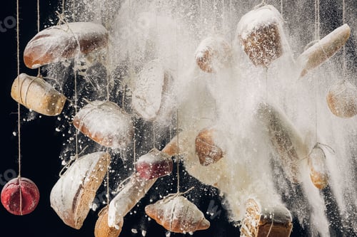 Preview: flour falling at fresh bread and pastry hanging on ropes
