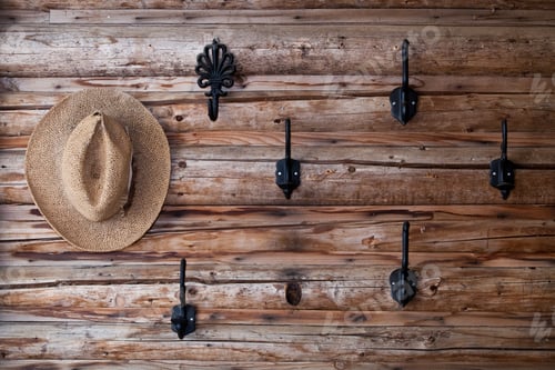 Preview: Rustic Wooden Wall with Straw Hat and Hooks