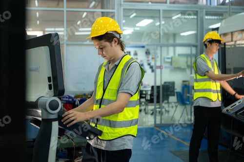 Preview: Young man factory worker wearing a hard hat looking at a computer screen used to control production.