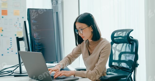 Preview: Young adult Asia female freelance eyeglasses typing write prompt AI bot IT app smart program nomad.