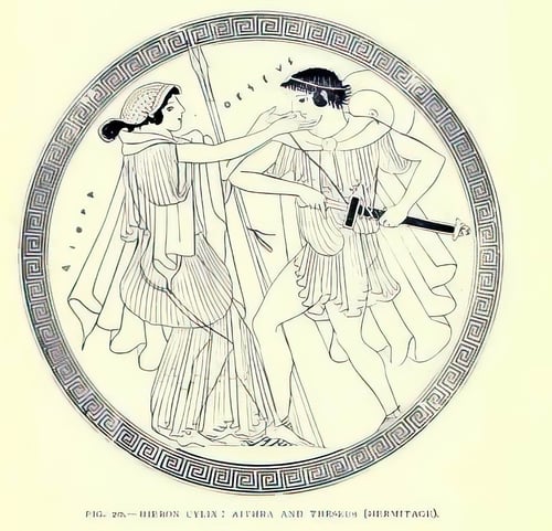 Preview: Illustration of Aethra (a character in Greek mythology) with her son Theseus, taking out his sword