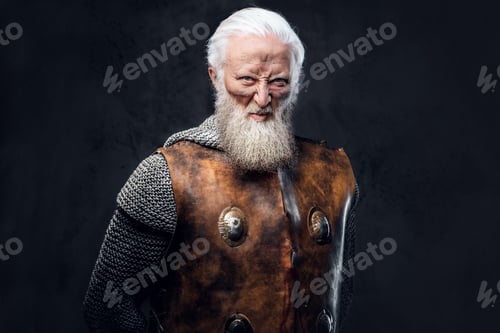 Preview: Violent elderly soldier dressed in chain mail and leather armor